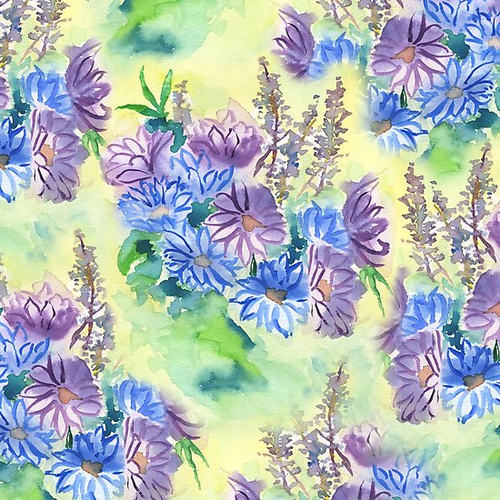 Watercolor Hand-Painted Purple Blue Daisies by Beverly Claire
