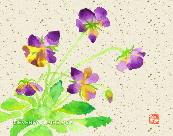 Lovely Pansies in Purple and Yellow with Beige Washi Background by Beverly Claire Fine Art