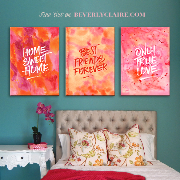 Hand-painted abstract watercolors in orange, pink and red, with quotes