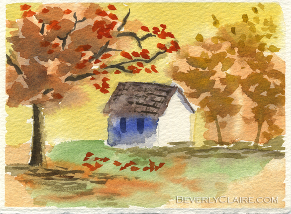 Little Cottage in Autumn mini watercolor painting by Beverly Claire Kaiya