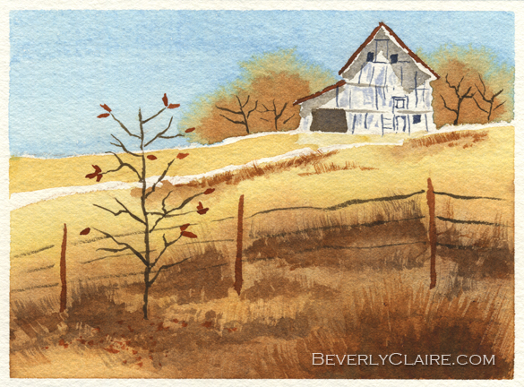 Barn in Autumn watercolor painting by Beverly Claire Kaiya