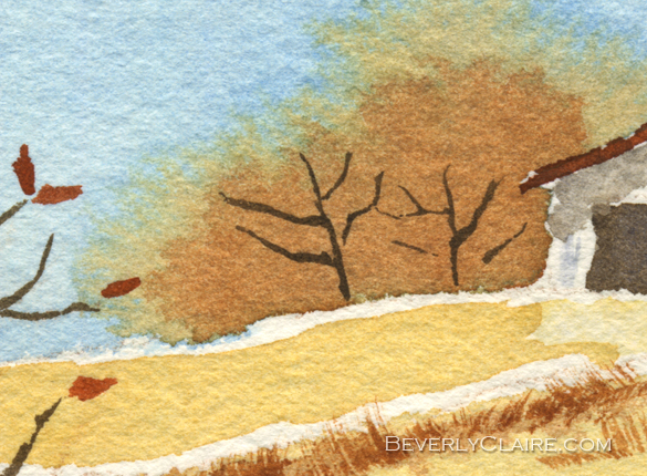Detail screenshot of "Barn in Autumn" watercolor painting by Beverly Claire Kaiya
