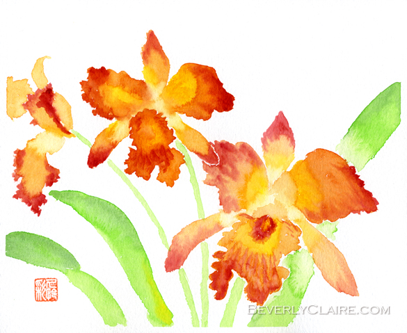 Orange Cattleya Orchids Watercolor Painting by Beverly Claire Fine Art