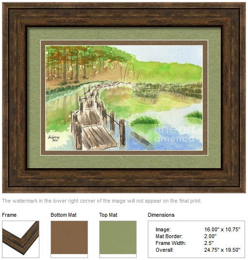 Framing idea for "Pond with Rickety Wooden Bridge" watercolor painting's enlarged art print version.