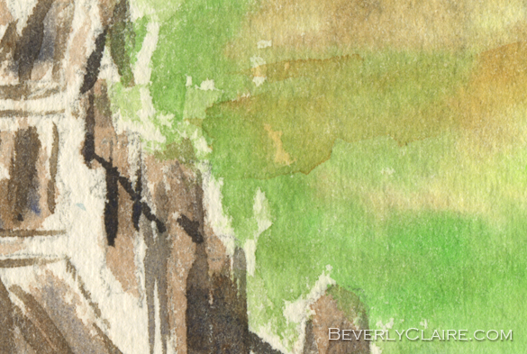 Detail screenshot of "Pond with Rickety Wooden Bridge" watercolor painting