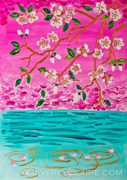 "Cherry Blossoms Branch with Water Ripples", acrylic on canvas board painting by Beverly Claire Kaiya. <em>Note:</em> The watermark in the preview above will not appear on the original work.