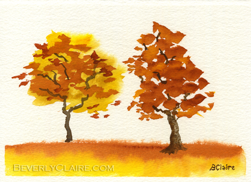 Chatting Autumn Trees watercolor painting by Beverly Claire Kaiya