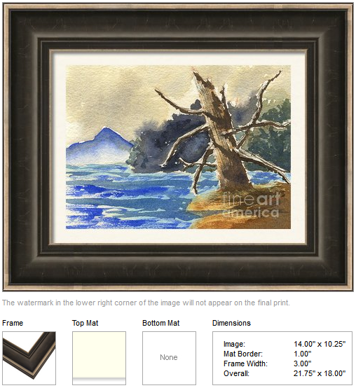 Framing idea for "Dead Tree by the Lake" watercolor painting's enlarged art print version by Beverly Claire Kaiya