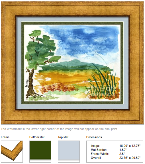 Framing idea for "Field in Early Autumn" watercolor painting's enlarged art print version by Beverly Claire Kaiya