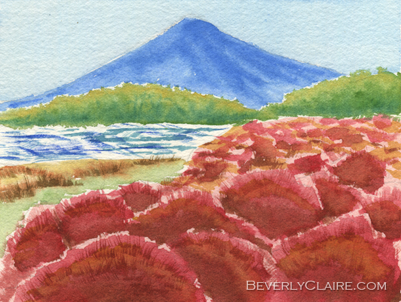 Kochia Bushes with Mt Fuji in the Background watercolor painting by Beverly Claire Kaiya