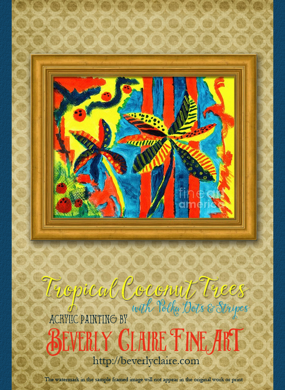 Framing idea for "Tropical Coconut Trees with Polka Dots and Stripes" acrylic painting's enlarged art print version.
