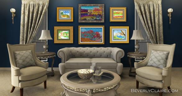 Paintings in a classical living room in beige and dark blue by Beverly Claire Kaiya