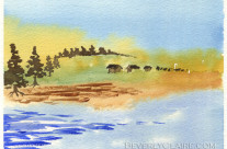 Little Village at Sunrise Watercolor Painting