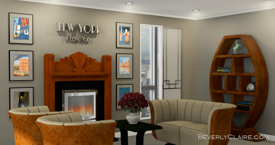 3D rendering of Art Deco room with Urban-themed paintings by Beverly Claire Kaiya