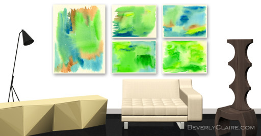 3D Visualization of Contemporary Living Room with Original Paintings by Beverly Claire Kaiya