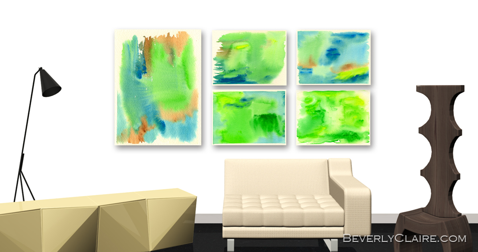 3D Visualization of Contemporary Living Room with Original Paintings by Beverly Claire Kaiya
