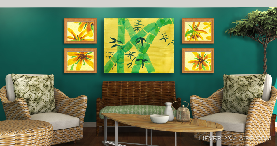 Botanical Paintings in Green Room with Natural Furniture by Beverly Claire Kaiya