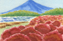 Kochia Bushes with Mt Fuji Watercolor Painting